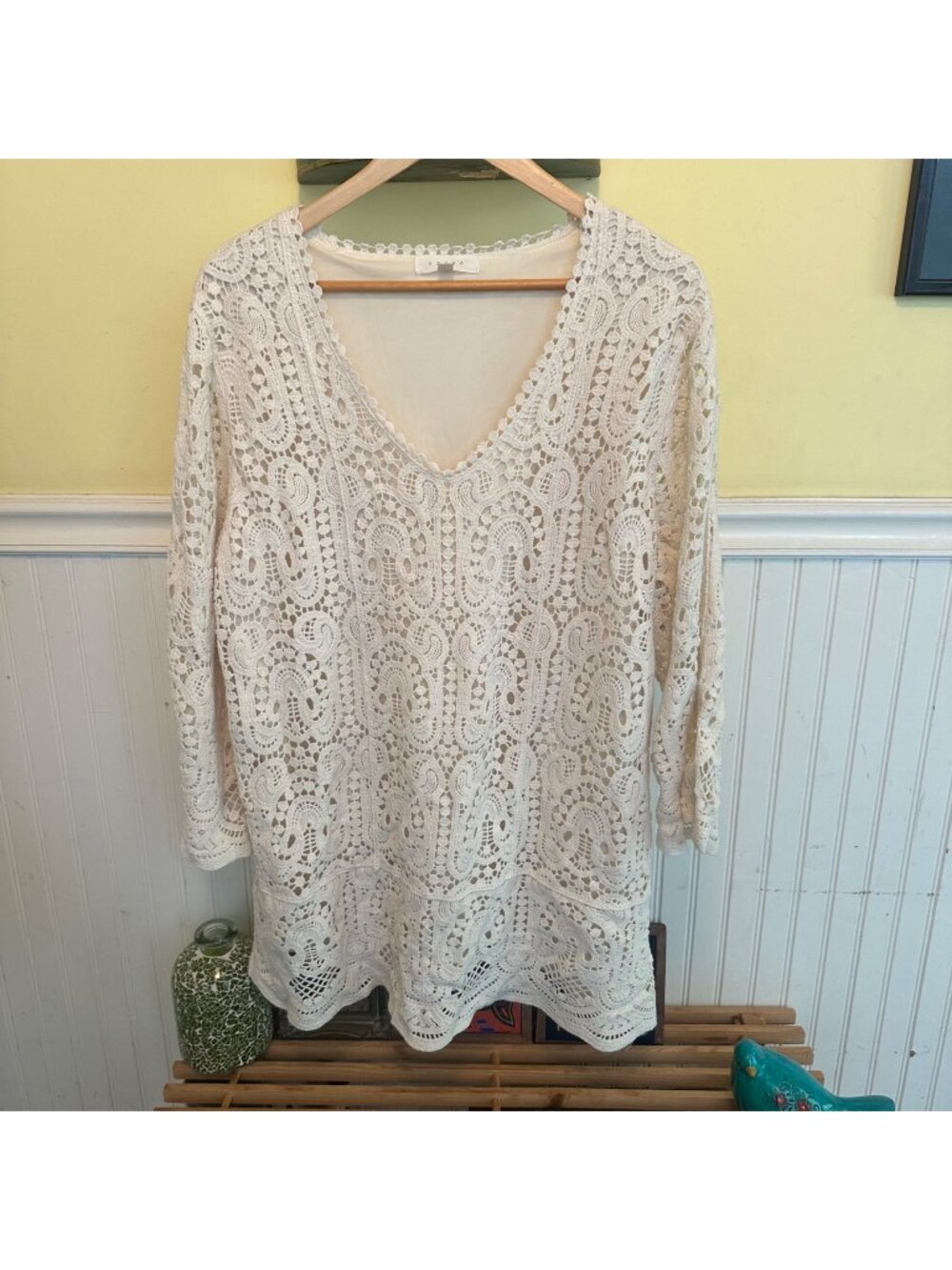 Adiva cream Crochet Tunic With Deep V-Neckline & 3/4 Sleeves
